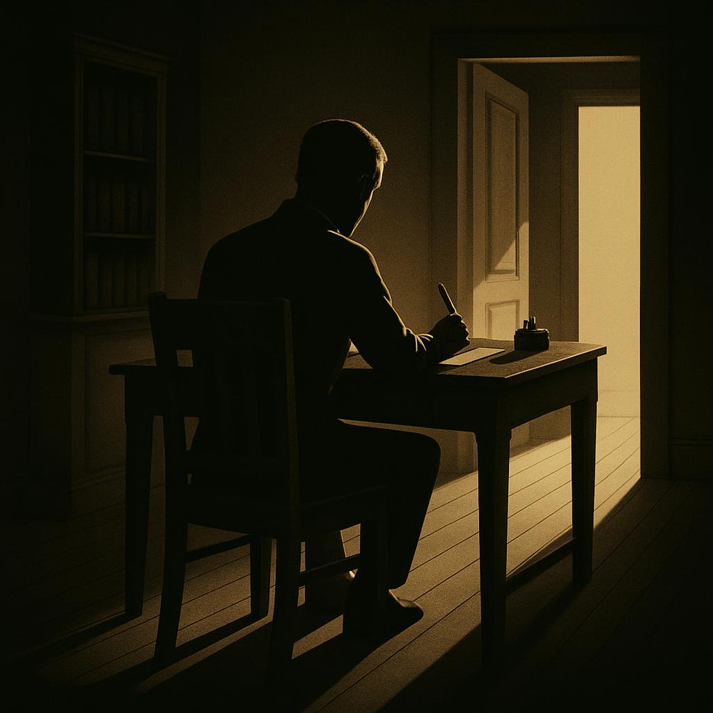 A man is writing on a piece of paper at a desk, with the room filled with shadows, except for a ray of light at the door