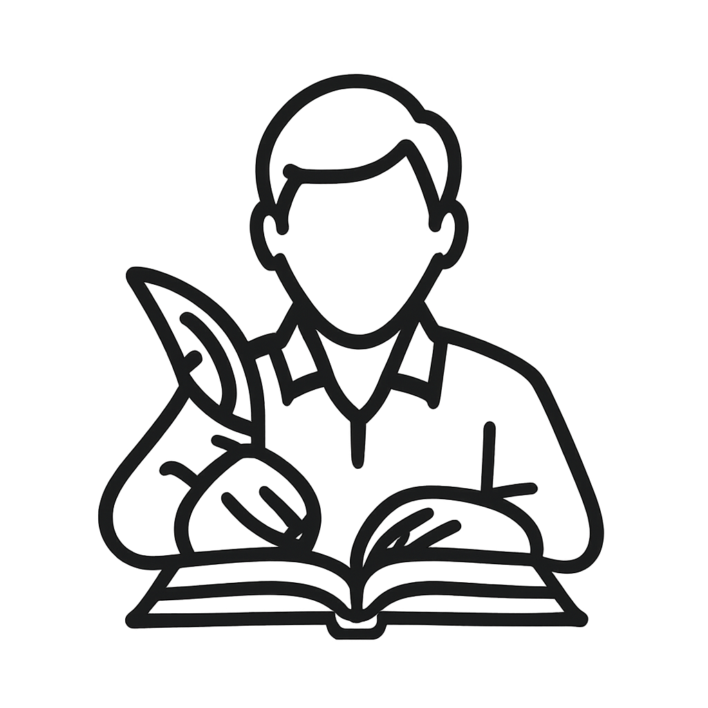 A simple line drawing of a person sitting at a desk, reading a book.